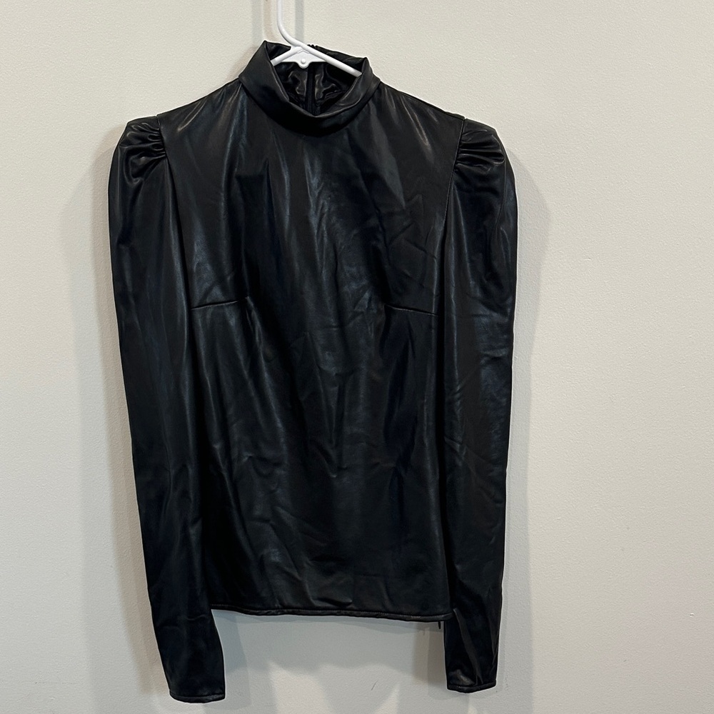 Black Faux Leather Mock Neck Long Sleeve Top